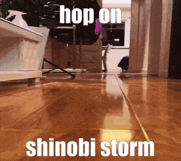 a picture of a person walking on a wooden floor with the caption hop on shinobi storm