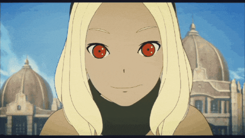 a girl with blonde hair and red eyes is smiling