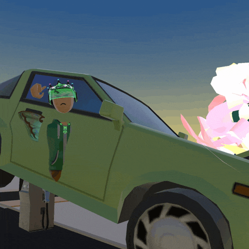 a green car with a person in the driver 's seat wearing a green helmet with the letter r on it
