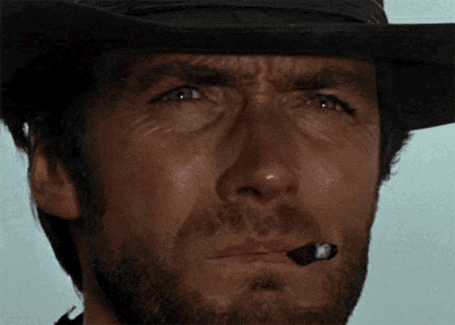 a man with a beard wearing a cowboy hat is smoking a cigar
