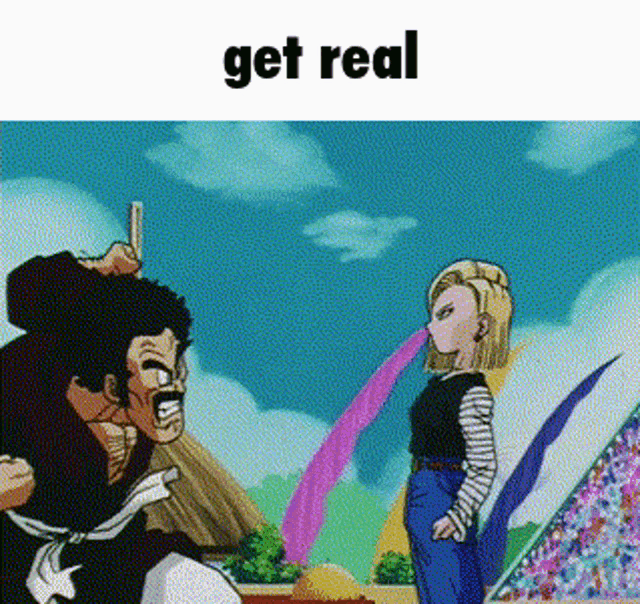 a cartoon of a man holding a stick and a woman standing next to him with the words `` get real '' .