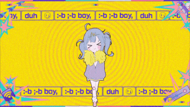 a girl in a purple jacket is standing in front of a yellow background with graffiti on it .