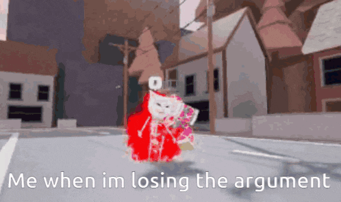 a cartoon cat is walking down a street with the words me when im losing the argument below it
