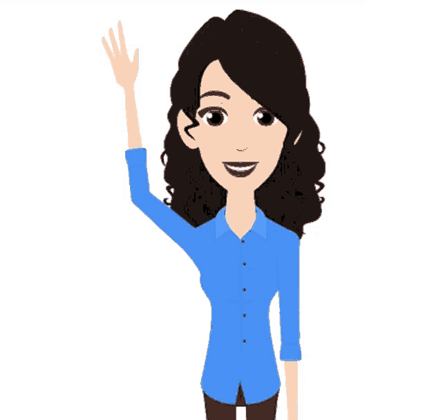 a woman in a blue shirt is raising her hand
