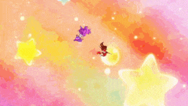 a couple of cartoon characters are flying in the air with stars in the background .