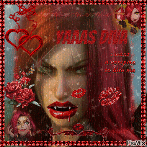 a picture of a vampire with red lips and the words yaas diva on it