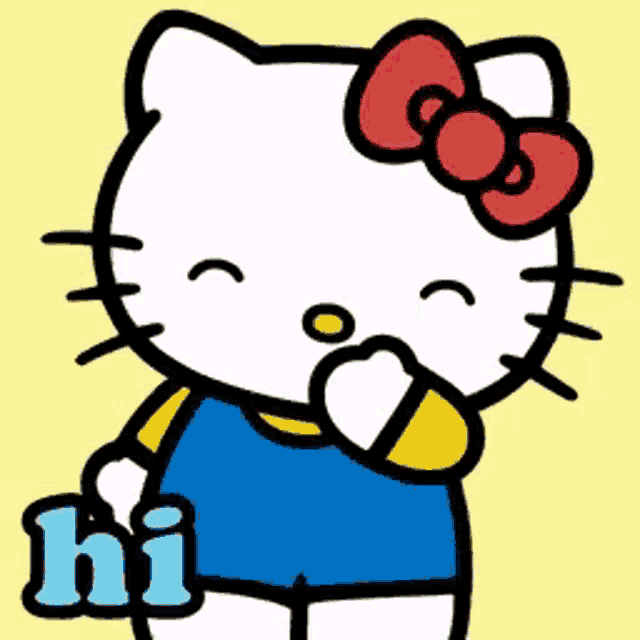 a hello kitty with a red bow on her head is covering her mouth and says hi hi