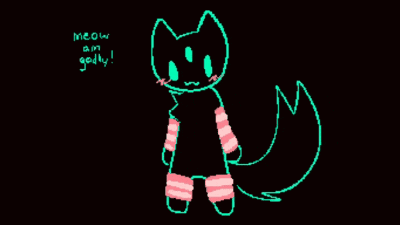 a drawing of a cat with the words meow am goily written below it