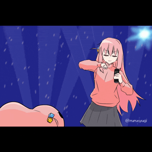 a drawing of a girl with long pink hair holding a cell phone with the hashtag @nunesyu on the bottom
