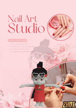 a poster for a nail art studio shows a troll wearing a china jersey