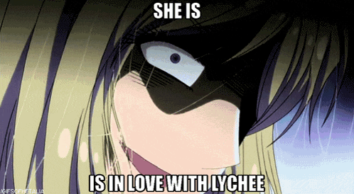 a cartoon of a girl with the words she is in love with lychee