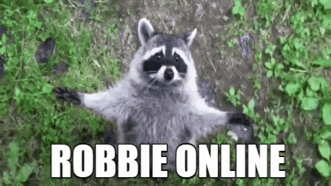a raccoon is sitting in the grass with its arms outstretched and the words robbie online below it .
