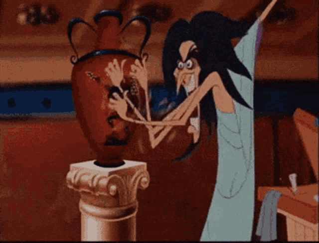 a cartoon of a woman holding a vase on a pillar