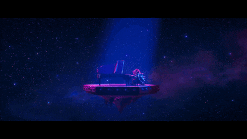 a group of cartoon characters are standing in front of a piano in a dark room .