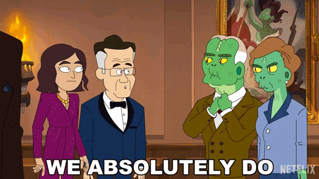a group of cartoon characters standing in front of a painting that says we absolutely do