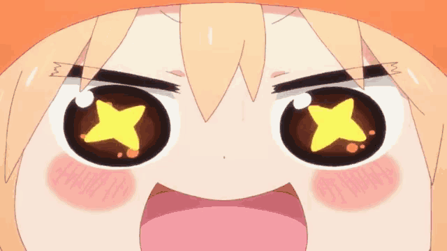a close up of a cartoon character 's eyes with a star in them .