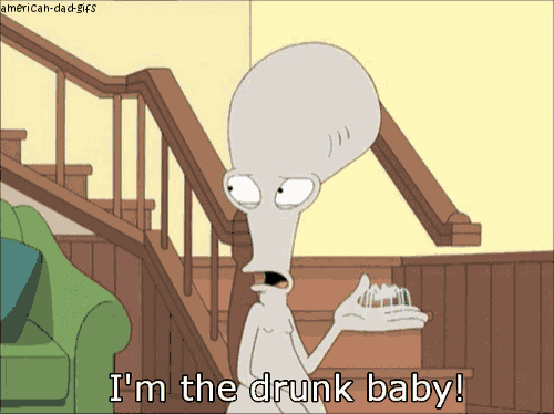 a cartoon character says " i 'm the drunk baby " while holding a spider