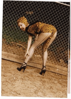 a woman in a tiger costume is kneeling down