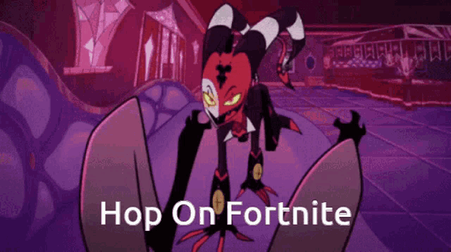 a cartoon of a monster with the words hop on fortnite below it