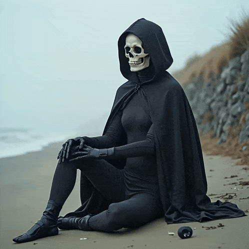 a skeleton wearing a black cape is sitting on the beach