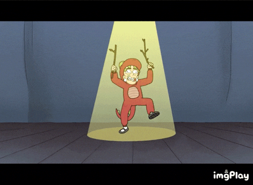 a cartoon of a person in a costume with a spotlight behind them that says imgplay on the bottom