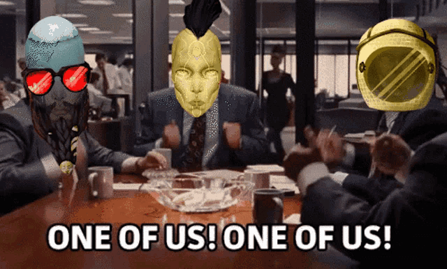 a group of people are sitting around a table and one of them says one of us