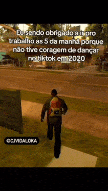 a video game character is walking down a street with a backpack on his back .
