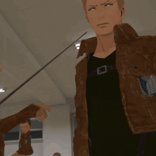 a man in a brown jacket is pointing at another person