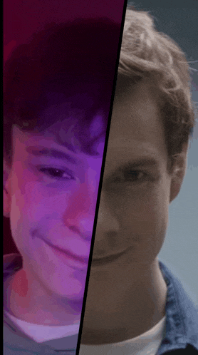 a close up of a person 's face with a purple and red background