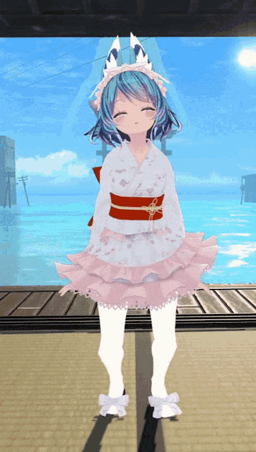 a girl with blue hair is wearing a white dress