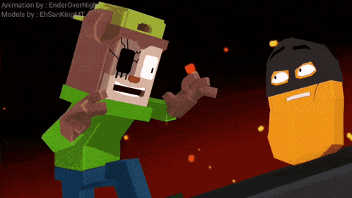 a cartoon character is standing next to an orange block with the words animation by ender over night models by