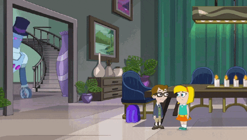 a cartoon of a boy and a girl standing in a living room