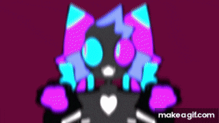 a black cat with purple and blue ears and a heart on its chest
