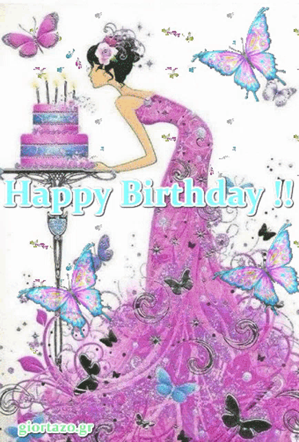 a girl in a pink dress blowing out candles on a birthday cake with the words happy birthday