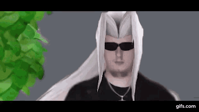 a man with long white hair and sunglasses is wearing a black shirt and a necklace .