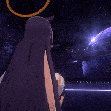 a woman in a black dress with wings is standing in front of a planet
