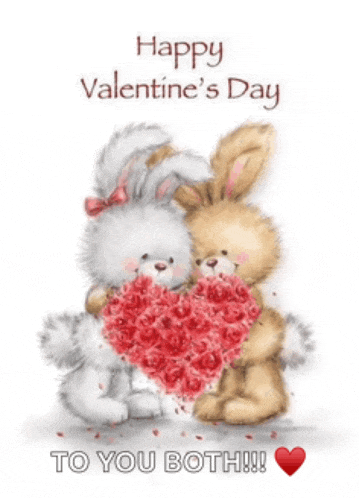 a valentine 's day card with two bunny rabbits hugging a heart shaped bouquet of roses