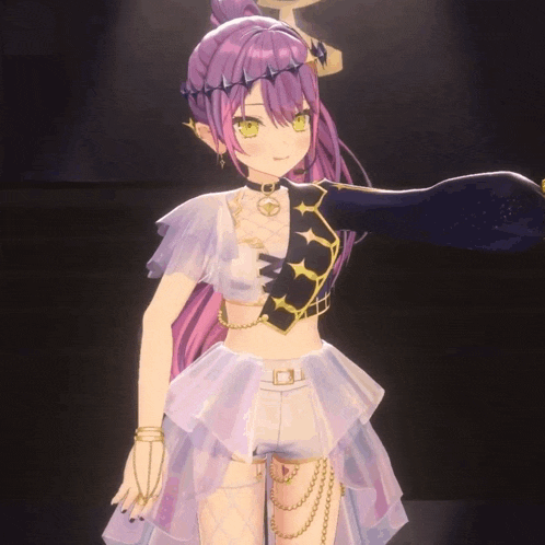 a girl with purple hair is wearing a white skirt and a black top