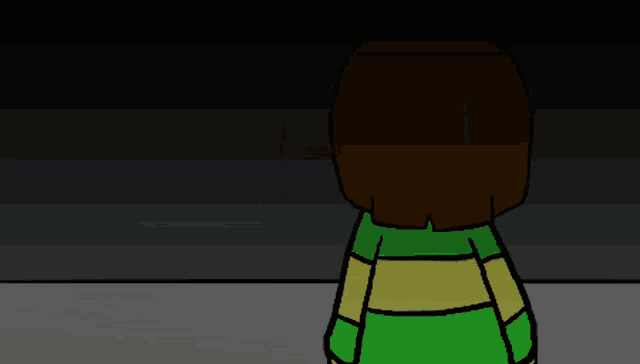 a cartoon character in a green and yellow sweater is standing in the dark