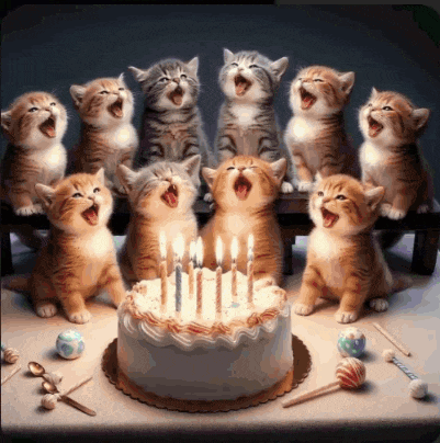 a group of kittens are singing in front of a birthday cake with candles