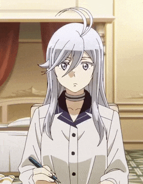 a girl with long white hair is sitting at a table with a pen .