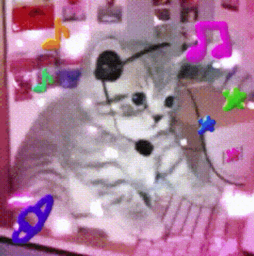 a picture of a cat with headphones and music notes