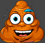 a cartoon drawing of a poop with big eyes and a blue eyebrow .