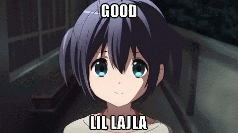 a girl with blue eyes is smiling and says good lil lajia