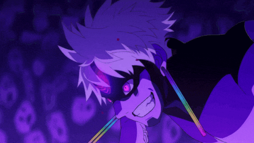 a close up of a purple cartoon character with a purple eye
