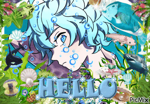 a picture of a girl with blue hair and the word hello in the middle