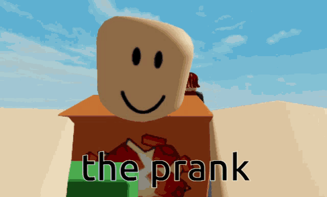 a picture of a roblox character with the words " the prank " on the bottom