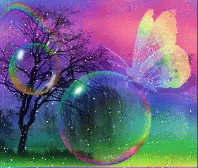 a butterfly is surrounded by soap bubbles and trees