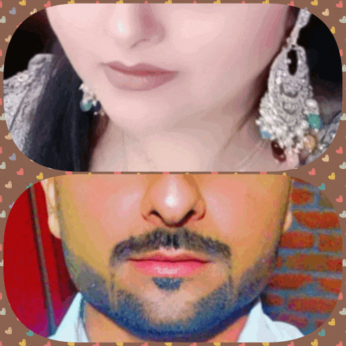 a collage of a woman 's face and a man 's face with a beard