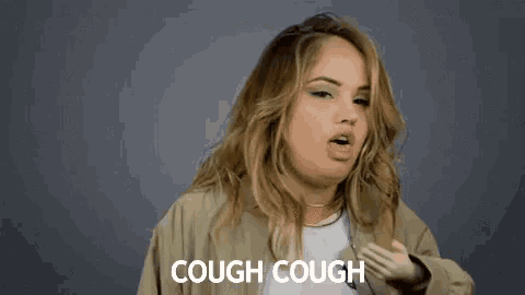 a woman is coughing with her hand on her chest and the words `` cough cough '' written next to her .